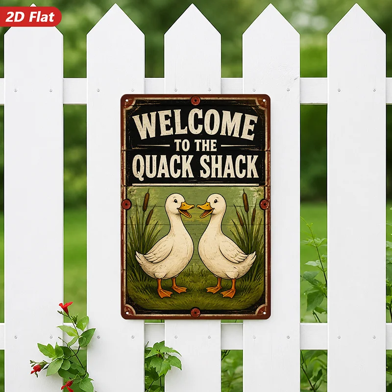 2D Flat, 1pc Duck Farmhouse Welcome Metal Sign Wall Art, Welcome to The Quack Shack, Home Decor, Two White Ducks, Green Wooden B