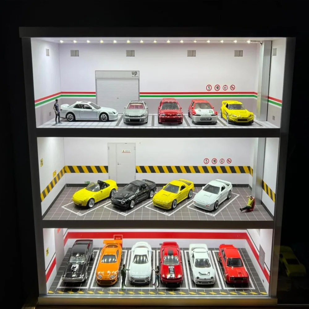 

Models Scenery for Model Cars Car Display Showroom 1:64 Scale Case with LED Lighting 3-Tiers Vehicle Parking Lot Scene