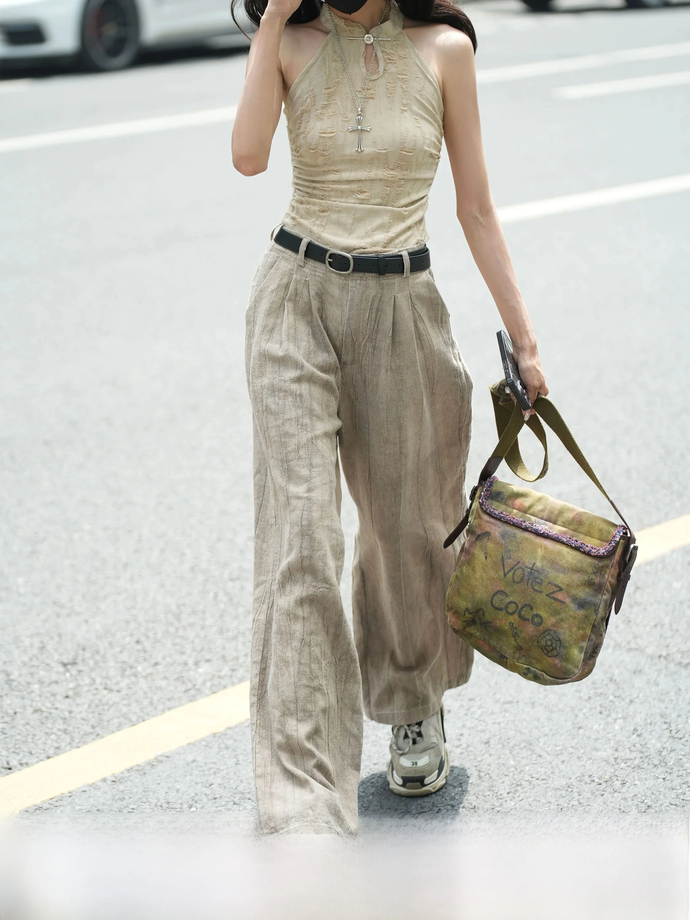 

Khaki Color Linen Casual Wide Leg Pants Women's Summer New Loose Slim Straight Cut Suit Pants Korean Style Commute Wind