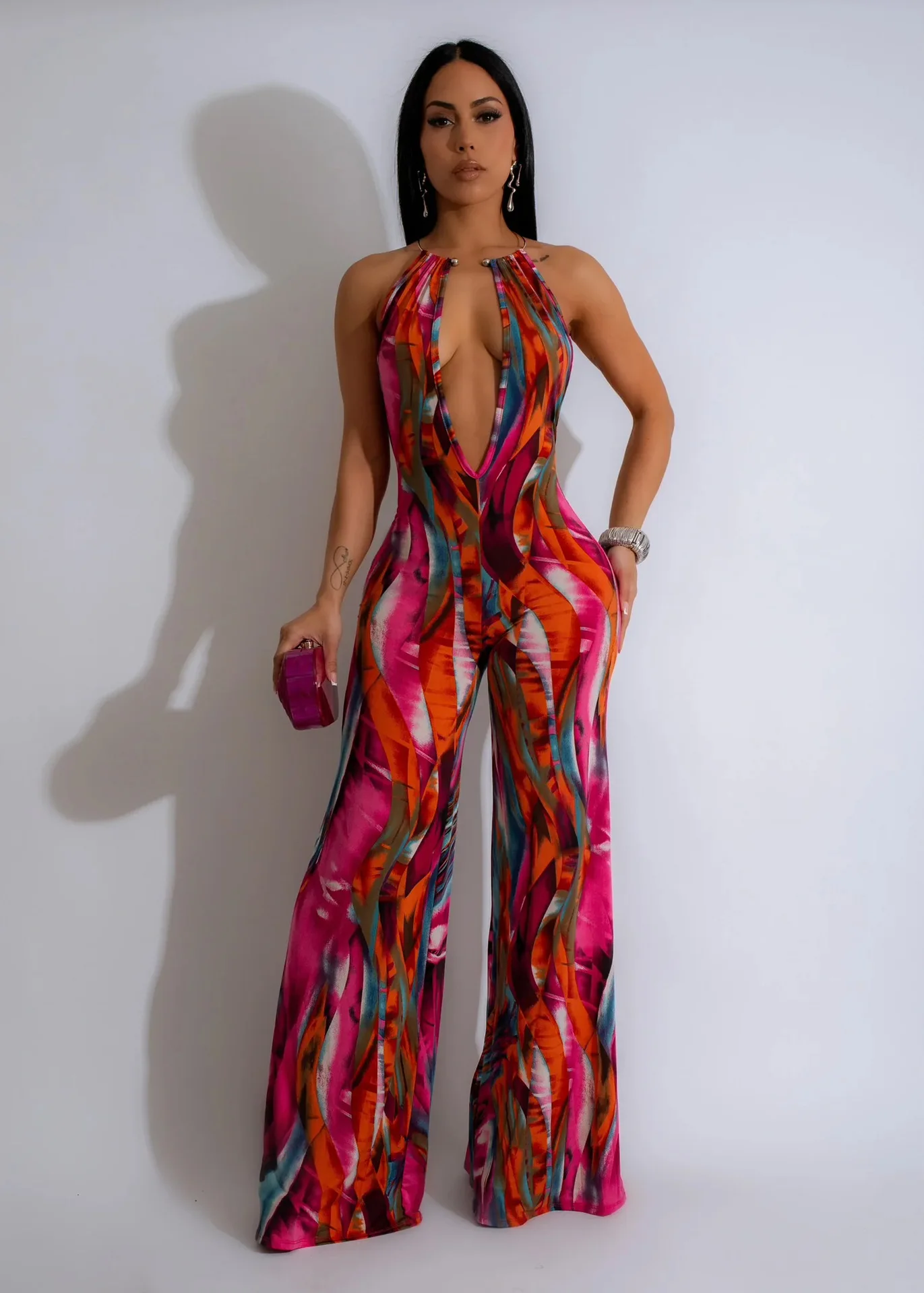 

Women Tie Dye Print Jumpsuits V-Neck Sleeveless Wide Leg Straight Romper 2024 New Summer Casual Vacation Playsuit One Piece Suit