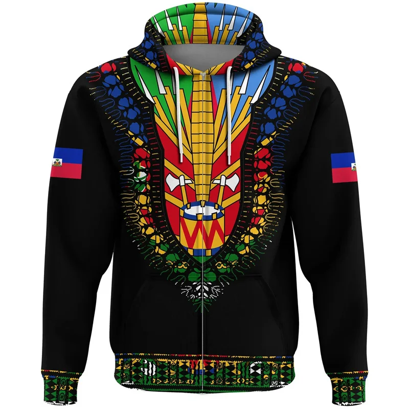 Autumn Vintage 3D Haiti National Tribal Flag Printing Zip Up Hoodies Haiti Coat Of Arms Graphic Zip Up Sweatshirts Mens Clothing