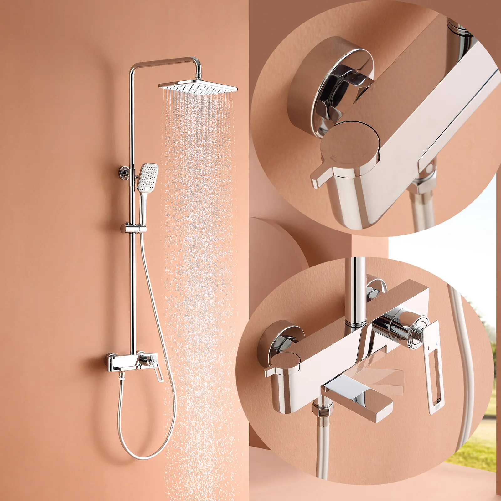 Household Bathroom Bathroom Hot And Cold Three-function Bathroom Surface Shower Chrome-plated Into The Wall Shower Set