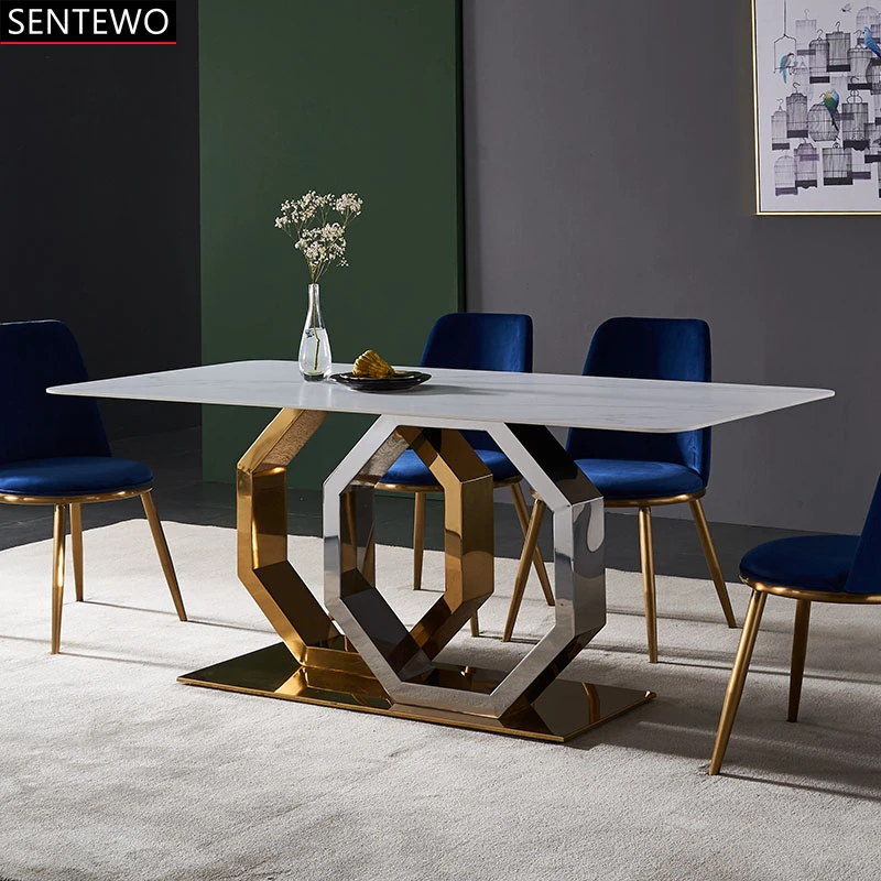 SENTEWO Luxury Marble Dining Table With 8 Dinning Chairs Metal Titanium Glaze Golden Frame Dinner Tables Chair Set Basse Marbre