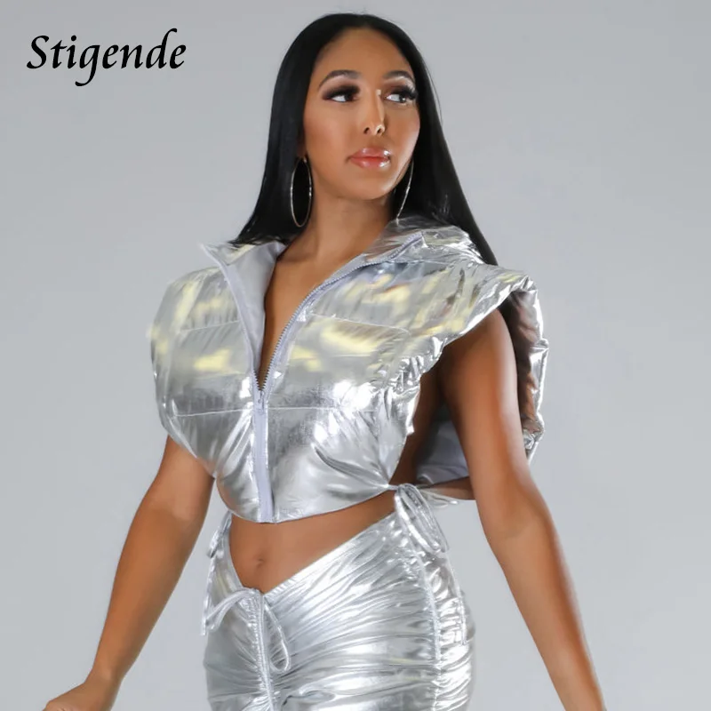 Stigende Golden Puffer Vest Parkas Women Zipper Shiny Hooded Waistcoat Bandage Side Split Sleeveless Crop Tank Tops Coat Jacket