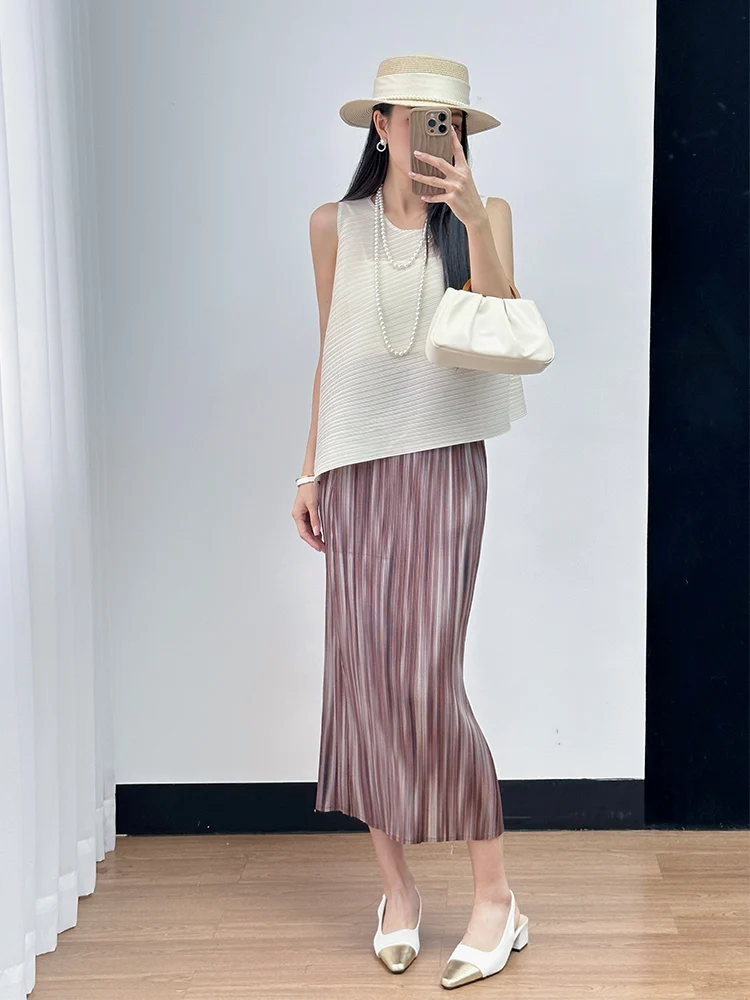 

Casual Loose Sleeveless Splice Pleated Skirt High Waist A-Line Silhouette Polyester Fabric Spring Summer Women's Skirt