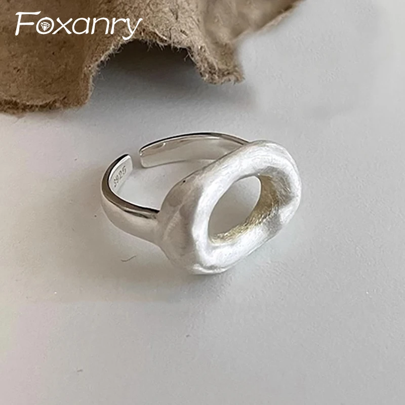 Foxanry Minimalist Silver Color Party Rings for Women Korean Cute Creative Design Hollow Scrub Geometric Finger Jewelry Кольцо