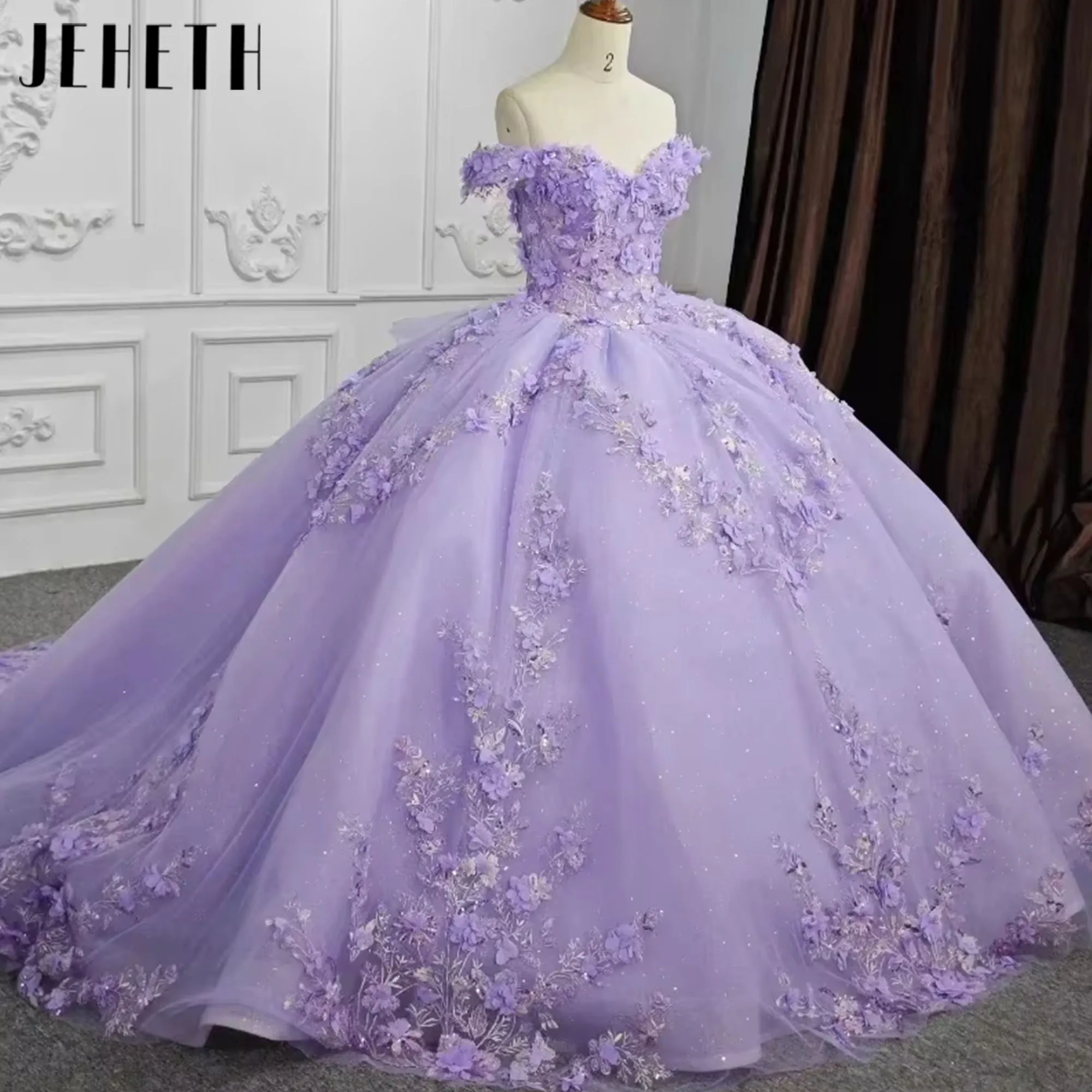Vestidos de Quinceanera Lilás Lavanda, Vestido de Baile com Flores 3D, Apliques de Renda, Vestido de Gala Brilhante, Vestidos de 15 Anos Lilás Lavanda Lilás Lavanda Vestidos de Quinceanera Vestido de baile Flores 3D Ap
