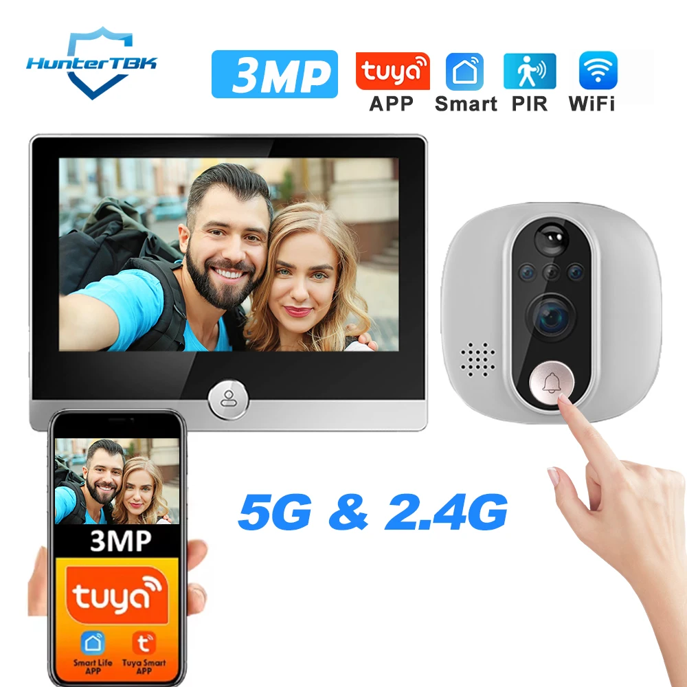 Sonnette de porte intelligente 3MP Smart Life Tuya 1080P WiFi avec caméra de visiophone, batterie 5000mAh, détecteur de mouvement PIR, vision nocturne IR, visionneuse de porte numérique