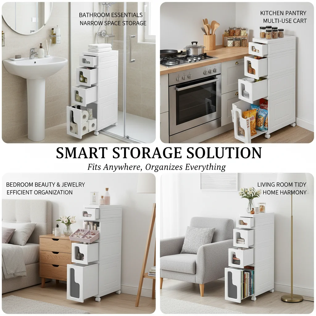 4 Tier Slim Bathroom Storage Cabinet, Narrow Rolling Shelf with Wheels, Space-Saving Organizer 15.7x6.3x38.2in White