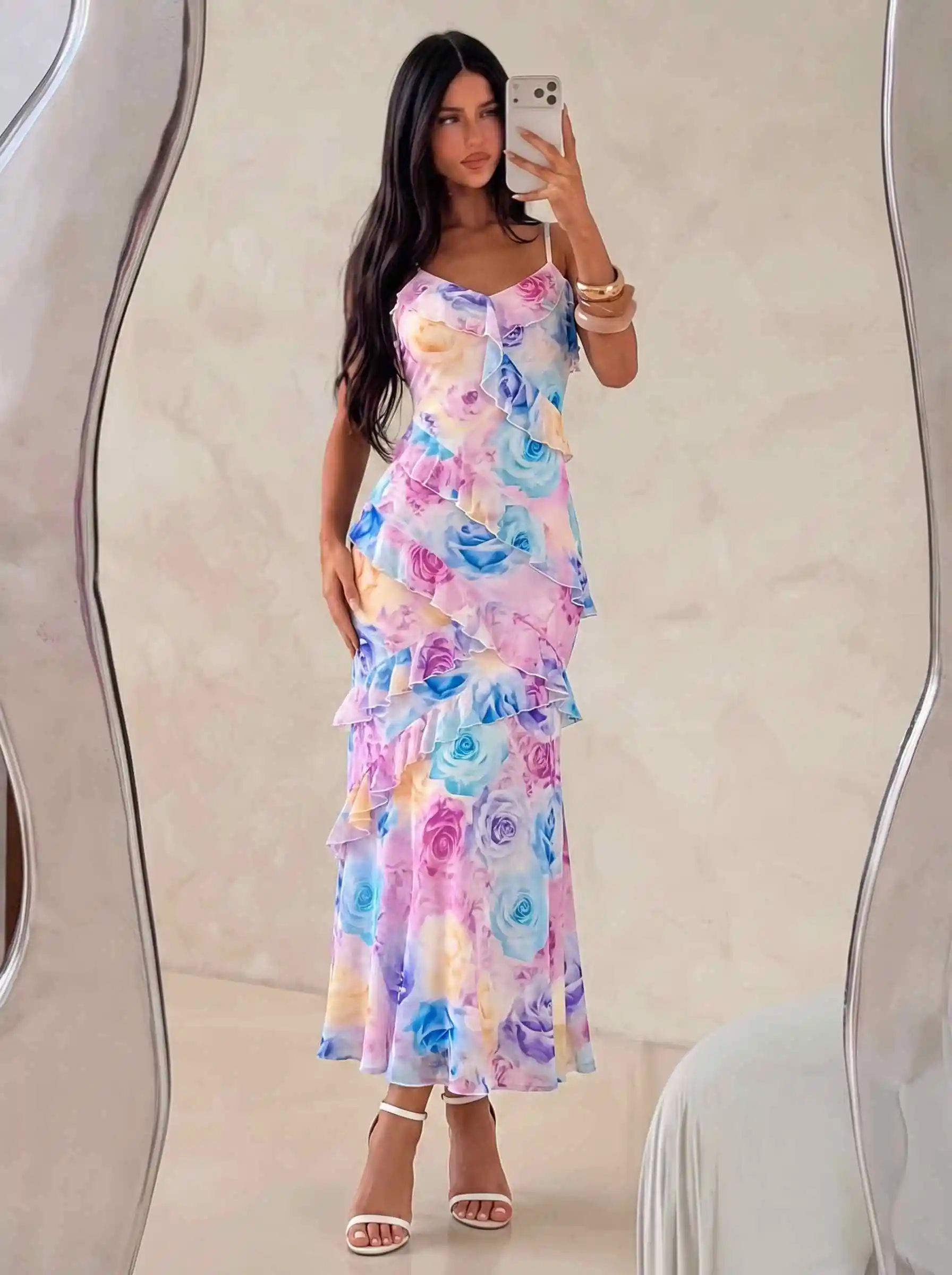 Damen Aquarell-Rosen-Print Cami-Kleid mit Rüschen, Chiffon-Midikleid, Spaghettiträger, fließendes Kleid für Urlaub, Strandparty, Ferien – Detail 26