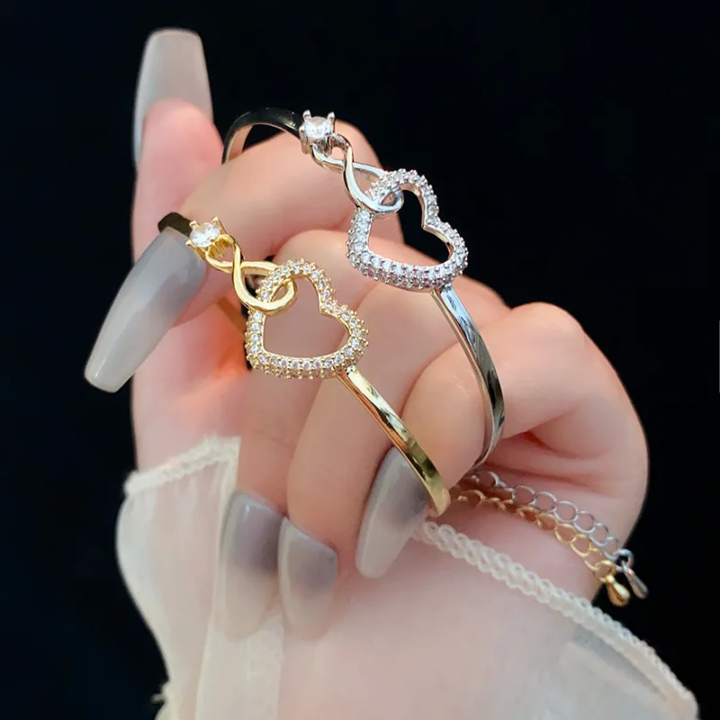 Elegant Copper Bracelet Cute Endless Sign Hollow Love Heart Shape Zirconia Inlaid Adjustable Bracelets Bangle Accessory Ornament