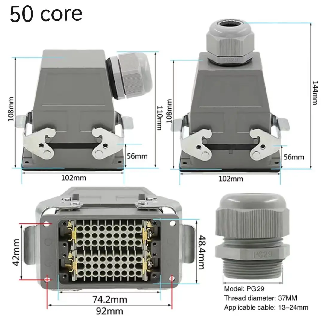 HDC-HDD-050-1/2 Rectangular heavy duty connector 50 core industrial aviation plug socket Crimp the connecting pin 250V 10A