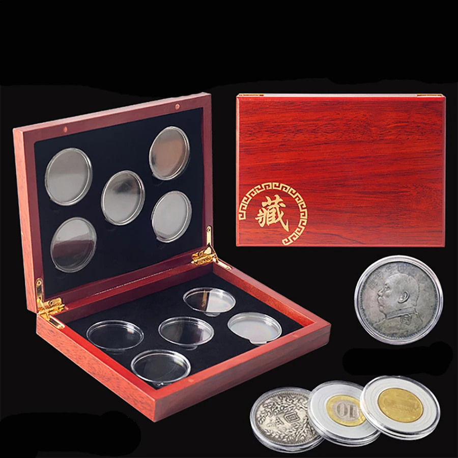 Red Round Coins Case Holders Storage Container Display 27mm 40mm Cases Wooden Box Commemorative Coins Collection Box CY