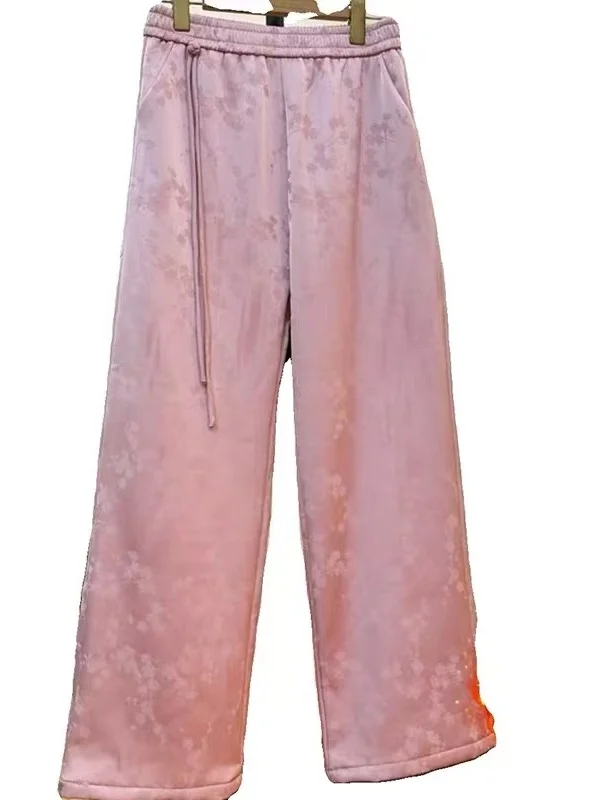 Pantaloni a gamba larga foderati Fce Faionable per donna con ricamo a motivo nascosto Nuovi pantaloni invernali cinesi Sle