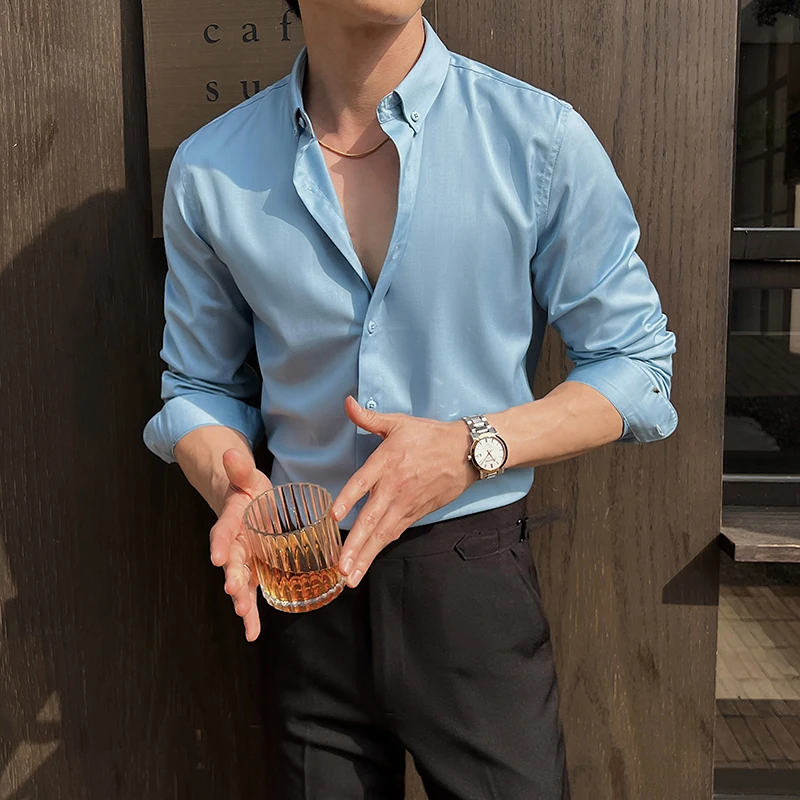 Men's Luxury Solid Color Casual Long Sleeved Shirt Business Office Formal Dress Shirt Slim Fit Social Ball Top Size 7XL-6XL