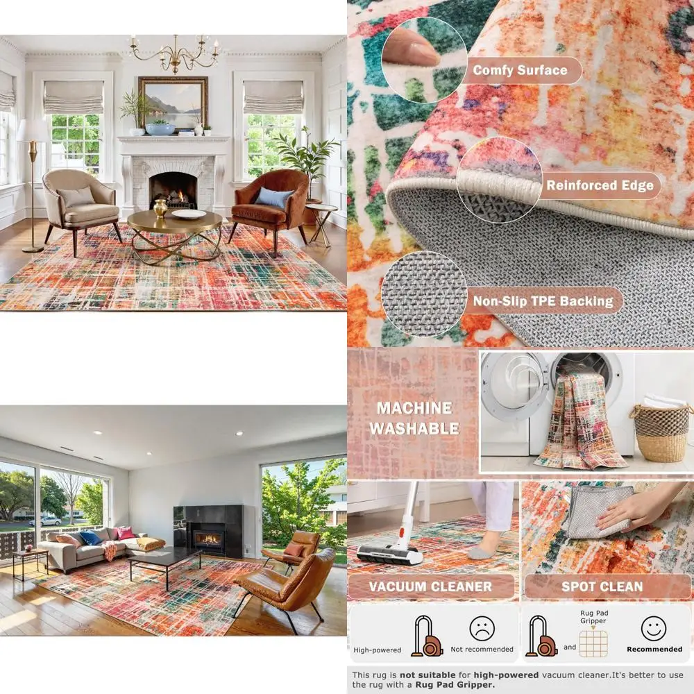 

Colorful Abstract 8x10 Area Rugs, Non-Slip Foldable for Living Room, Modern Thin Low Pile Carpet