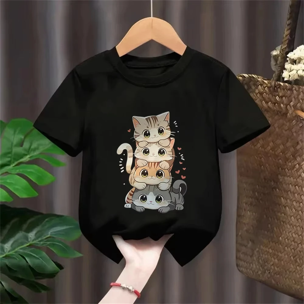Cute Cartoon Cat Print Kids Round Neck Short Sleeved Summer Fashion T-shirt 100%cotton Casual Versatile Summer Girl Boy Tshirt