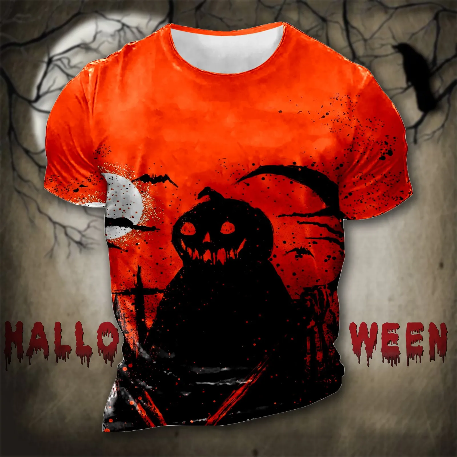 Halloween Theme Devil Print Shirts Men Pumpkin Ghost Blood Casual Crewneck Graphic Shirt Vintage Printed Sleeve Top Blouse