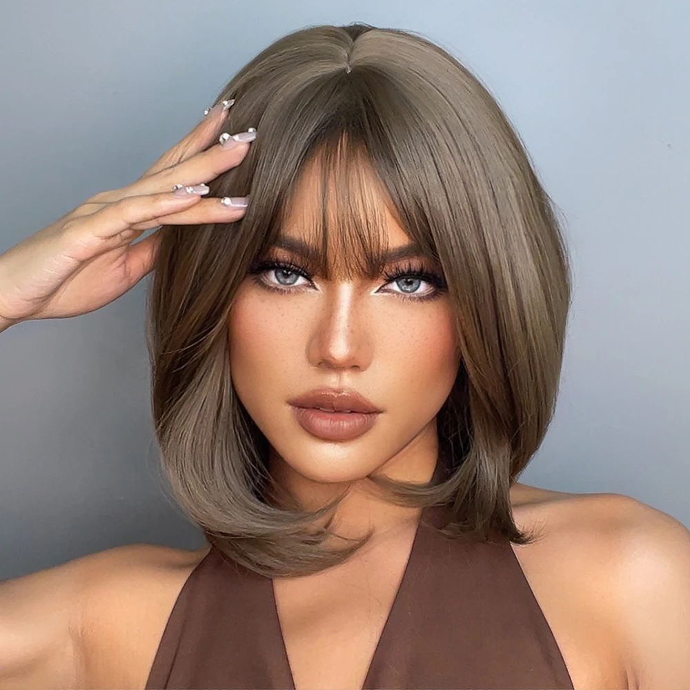 ALAN EATON Brown Short Hair Wig With Bangs Straight Synthetic Wig for Women Natural Looking Daily Fake Hair Heat Resistant Fiber