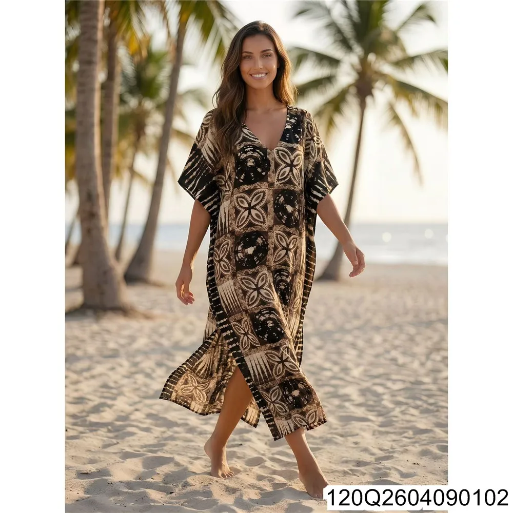 2026 New New Beach Smock, Cotton Positioning Printed Smock, Long Robe Bikini Sun Protection Shirt 120Q26040901