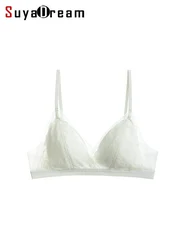 SuyaDream,Women Lace Bras, 100%Silk Lining, Wire Free, Triangle Cup, Thin Padded Bra, 2025 New Cozy Intimates, Nude, White