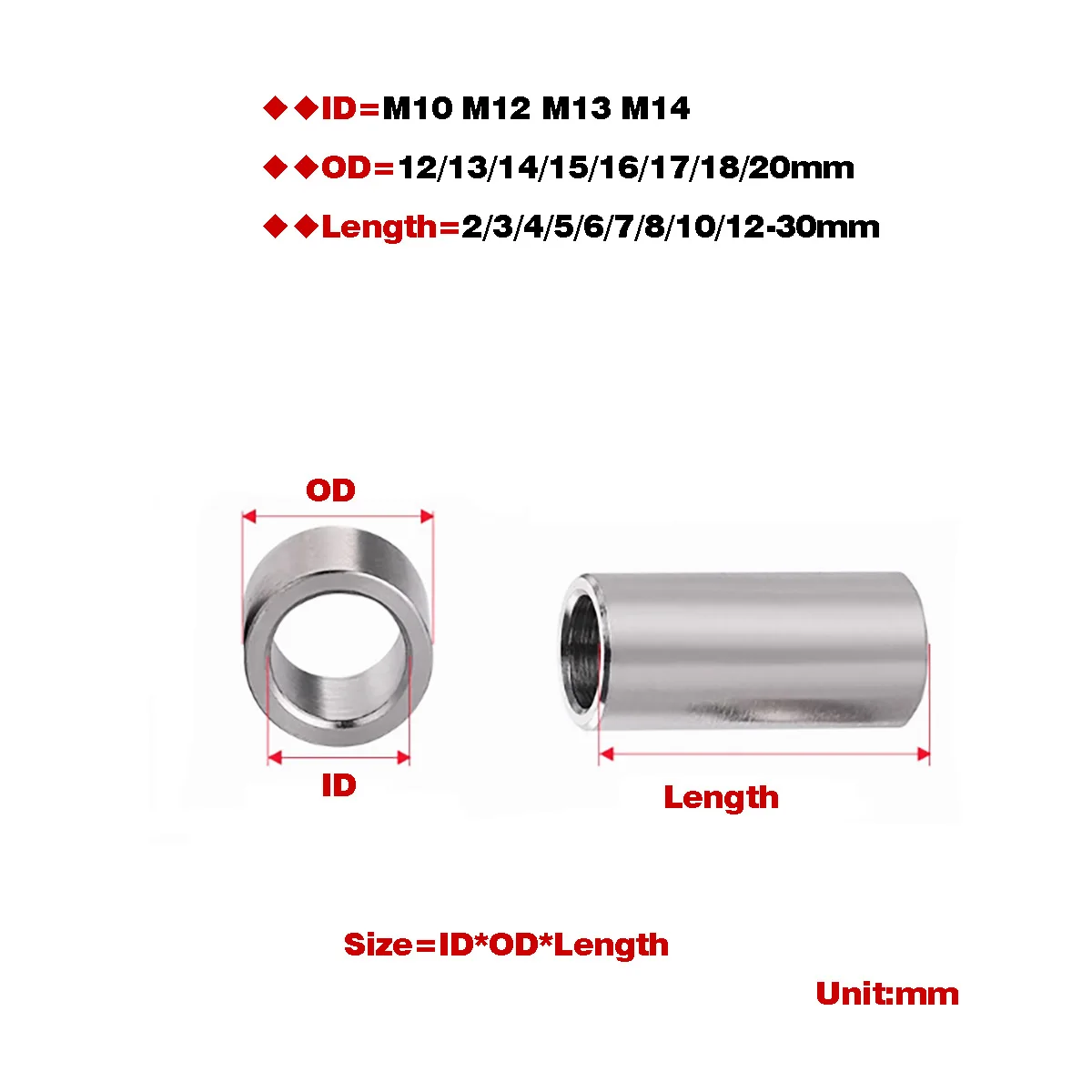 

M10 M12 M13 M14 304 Stainless Steel Hollow Sleeve Bearing Bushing Washer Unthreaded Round Standoff Spacer Sleeve