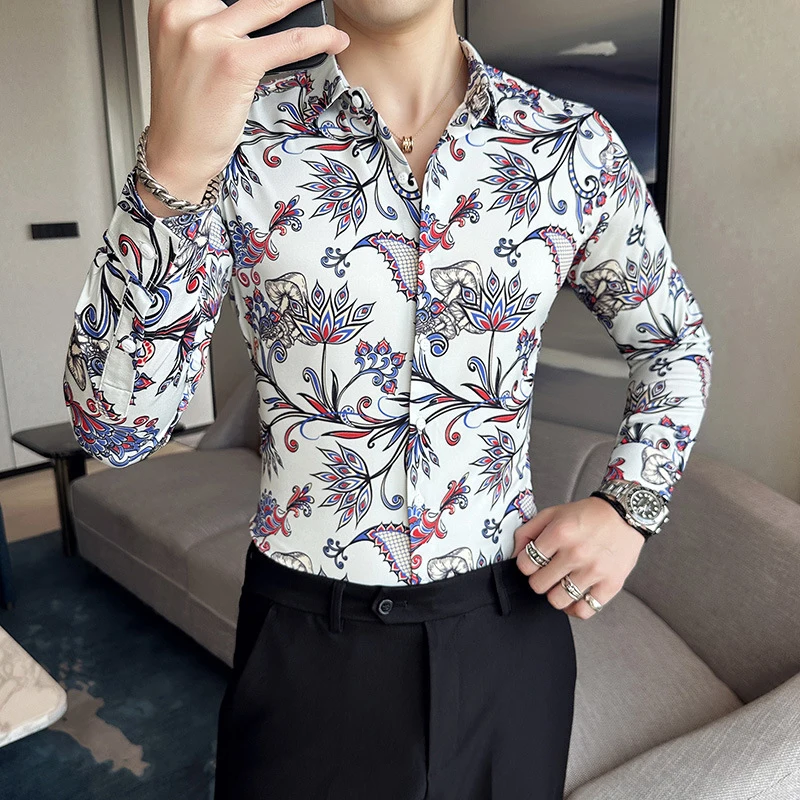

2025 Men's Fashion Trendy Special Flower Pattern Printed High Quality Men's Comfortable Fabric Long Sleeve Shirt