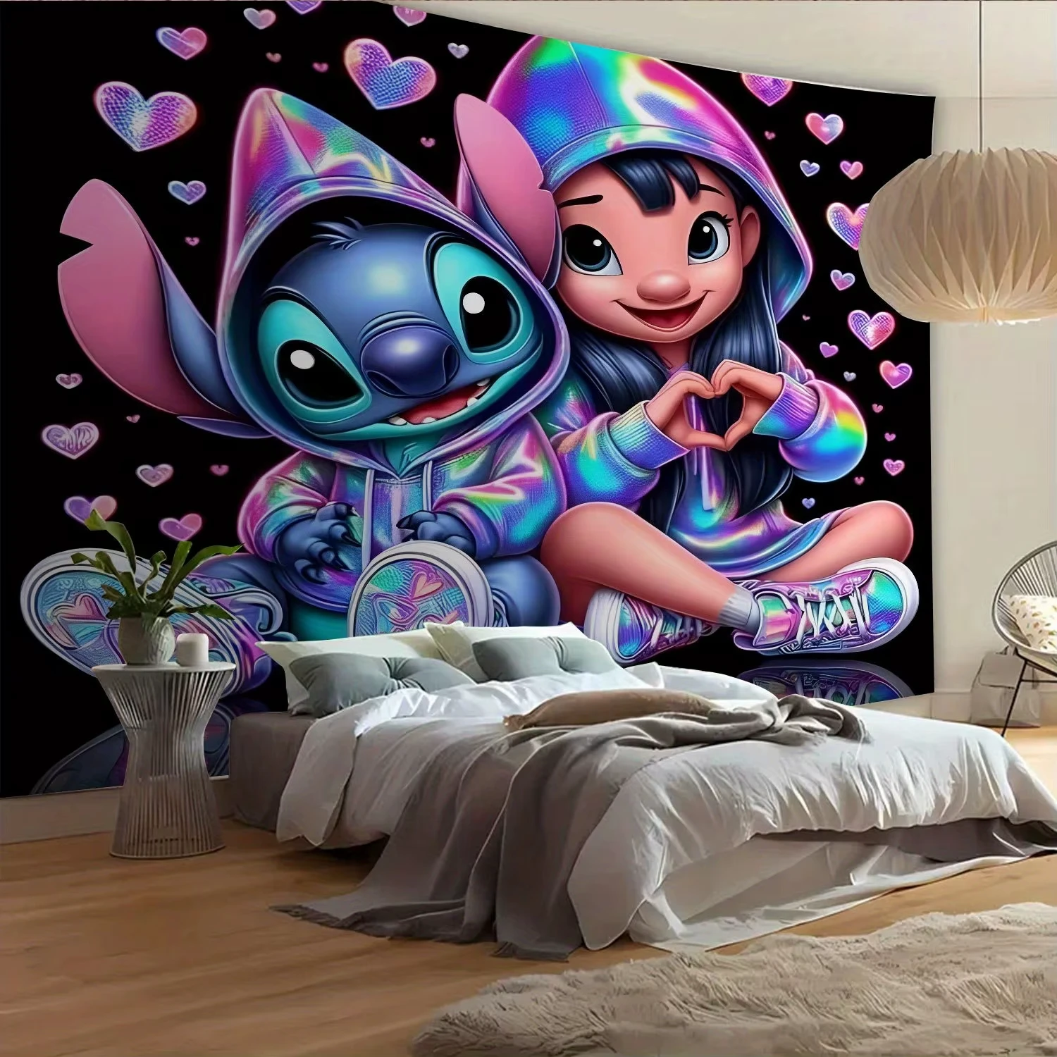    ديزني ستيتش آند جيرل مع نسيج حائط ثلاثي الأبعاد على شكل قلب لديكور مريح وغرفة ديكور خلفية من القماش
