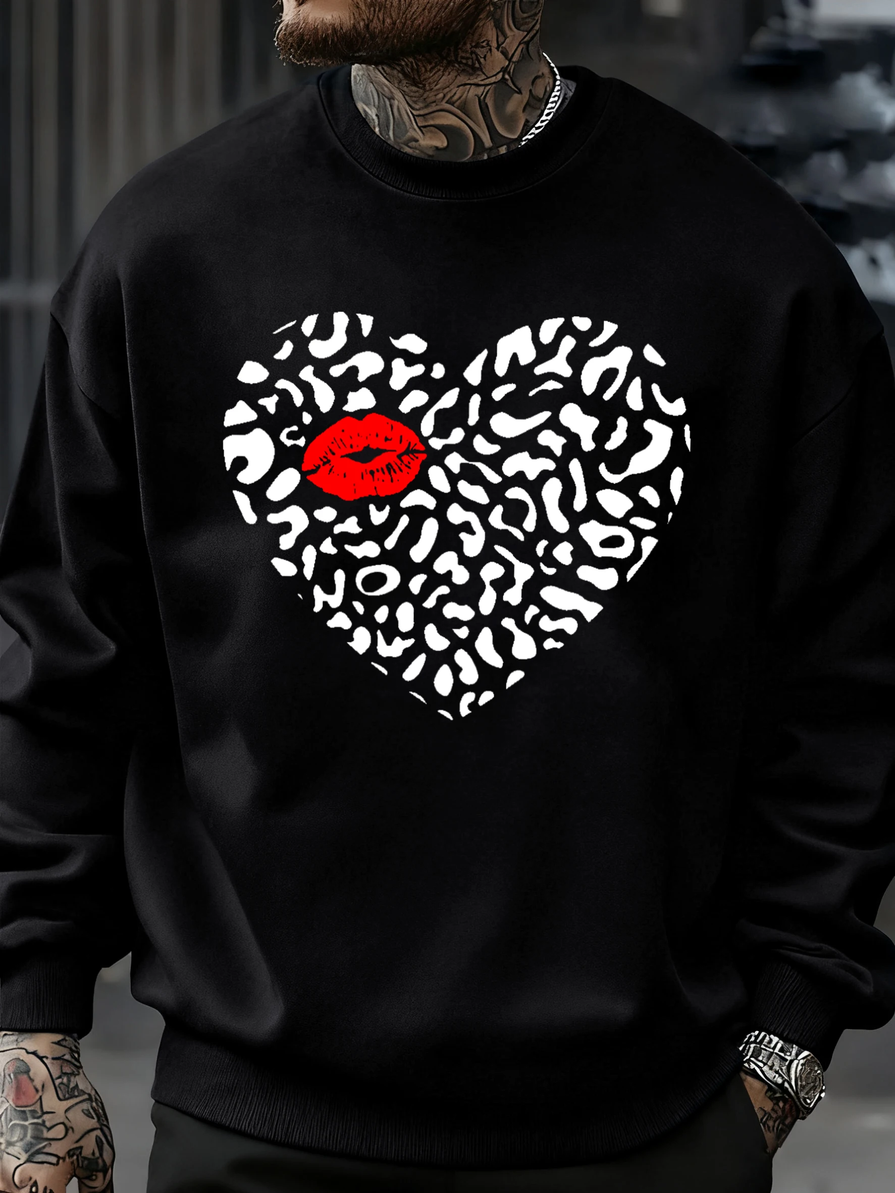 Red Lips And Love Print Herren Sweatshirt Herbst Hip Hop Pullover Bequemer O-Ausschnitt Langarm Weiche Unisex Fleece Sportbekleidung