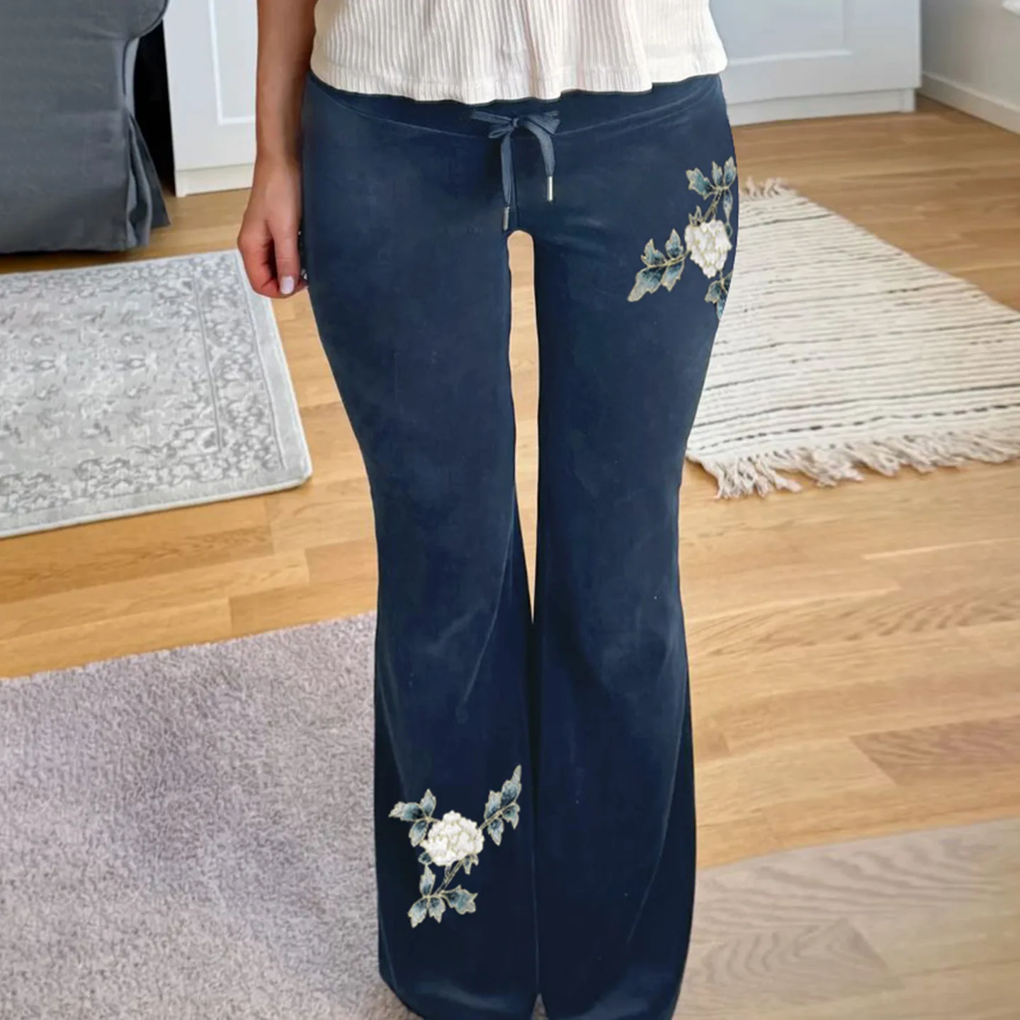Harajuku Hotsweet Girl Blue Velvet Pants For Women Retro Embroidered Slim Floral Low Waist Tie Strap Flare Knitted Trousers Y2K