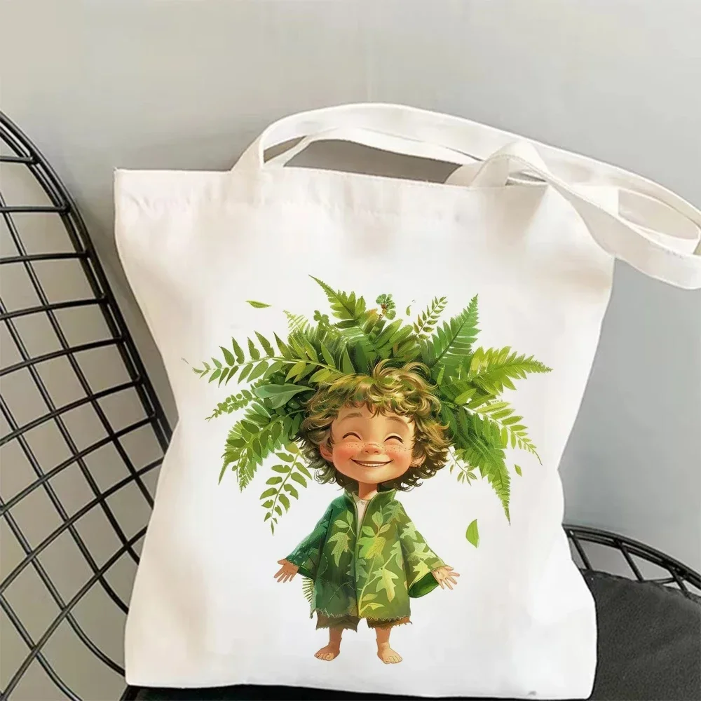 Lively Botanical Characters Artwork Canvas Shoulder Bag Creative Personified Plants Pattern Durable Shopping Bag for Women Teens