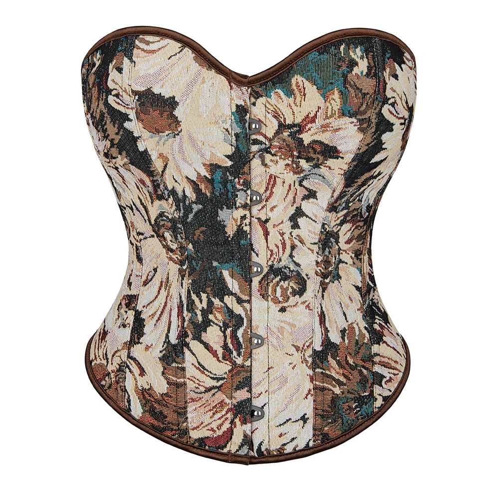 Floral Print Monet Oil Painting French Style Retro Corset Top Overbust Bustier For Women Sexy Lingerie