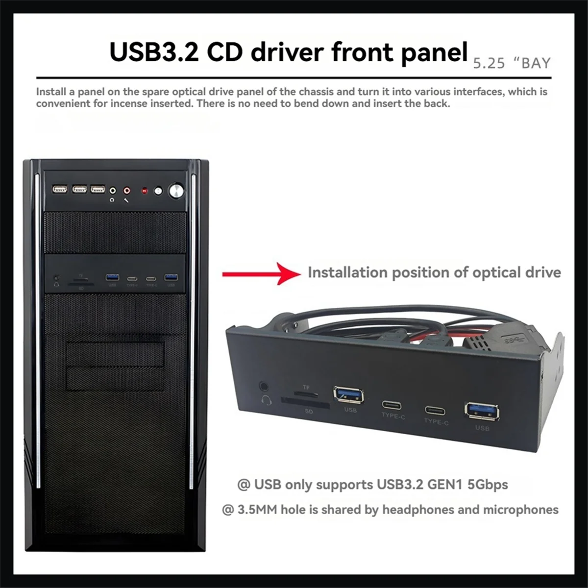 N86R USB Front Panel for PC 2 X USB 3.2 GEN1 5Gbps + 2 X TYPE-C Hub + 3.5mm Headset+ TF/SD Slot for 5.25inch Floppy Drive Bay