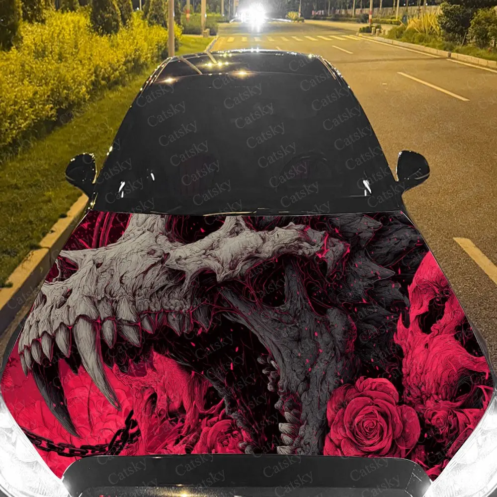 

Whimsical Howling Red Skull Rose Car Cover Decal, Auto Hood Sticker, Waterproof and Self-adhesive Auto Vinyl Wraps, Cool Car Ext