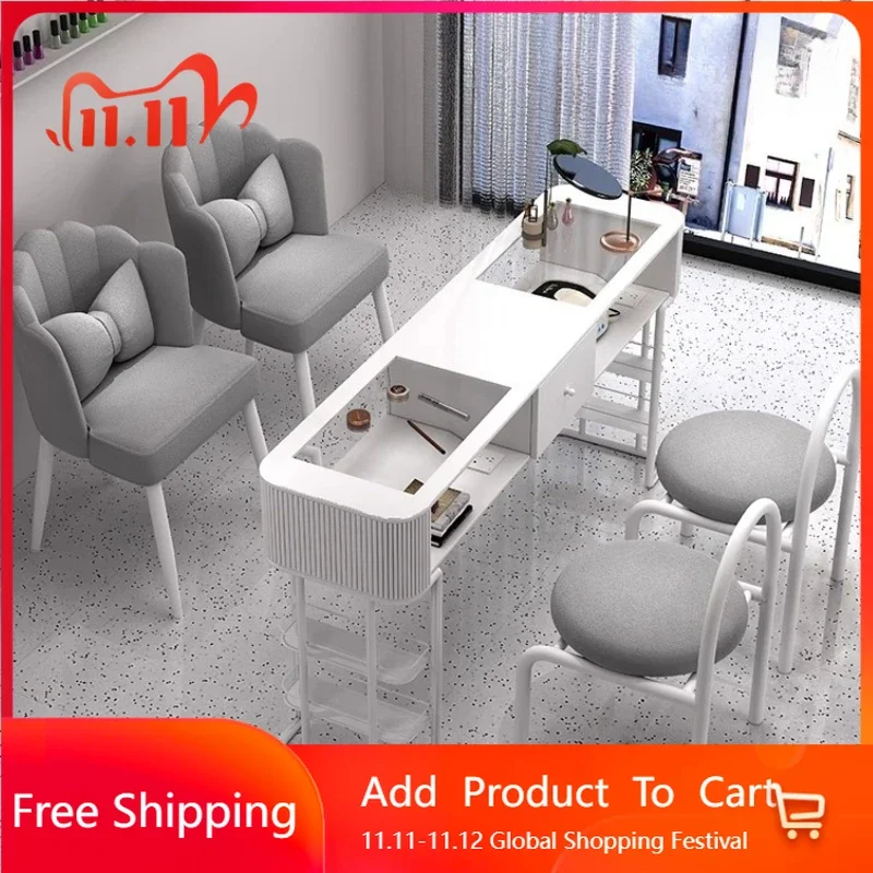 

Luxury Glass Nail Table Organiser White Equipment Designer Nail Table Nordic Cleaner Modern Scrivania Per Unghie Home Furniture