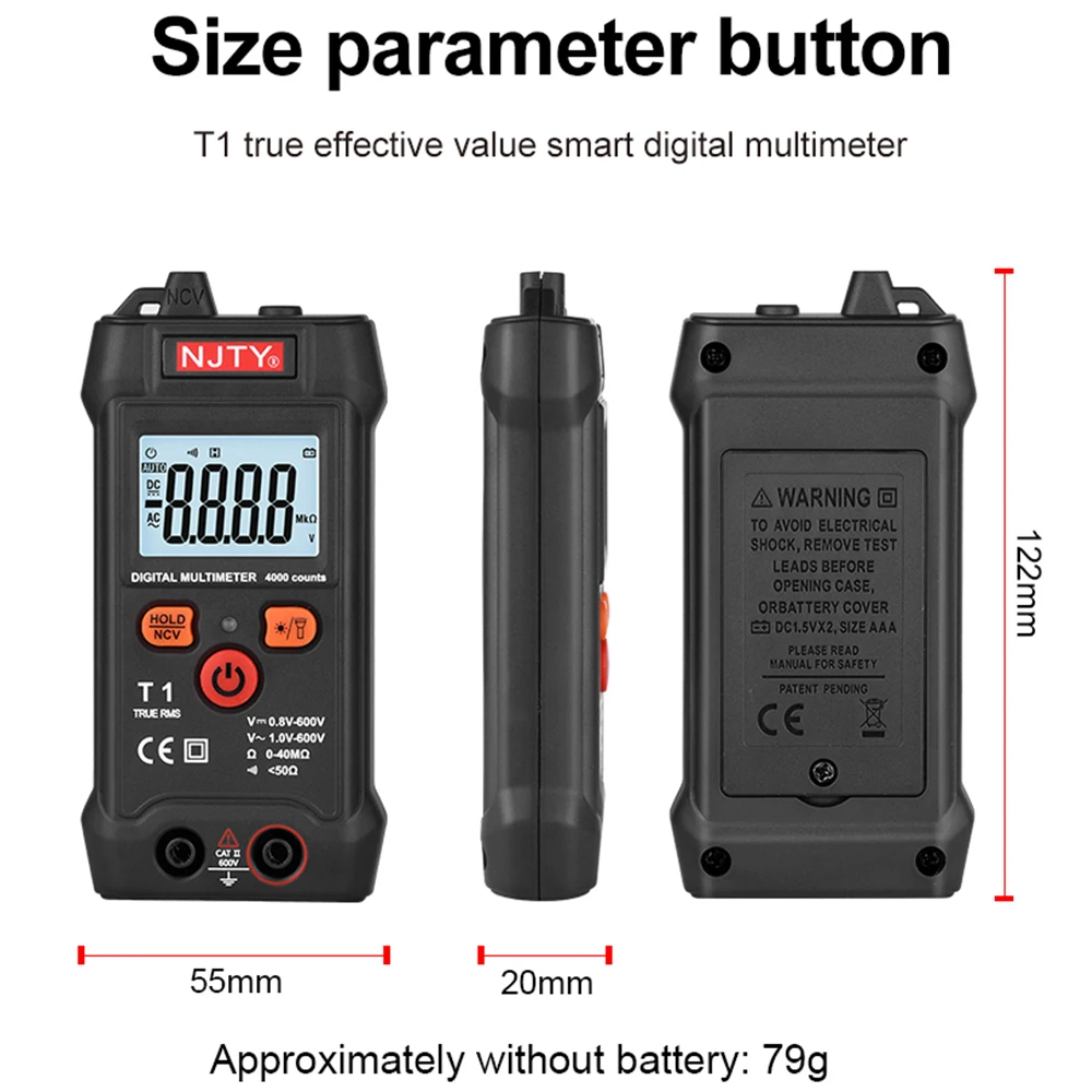 NJTY T1 Pocket Smart Mini Multimeter Digital Automotive Tester TrueRMS NCV 600VAC DC Voltage Tester Portable Electric Multimeter