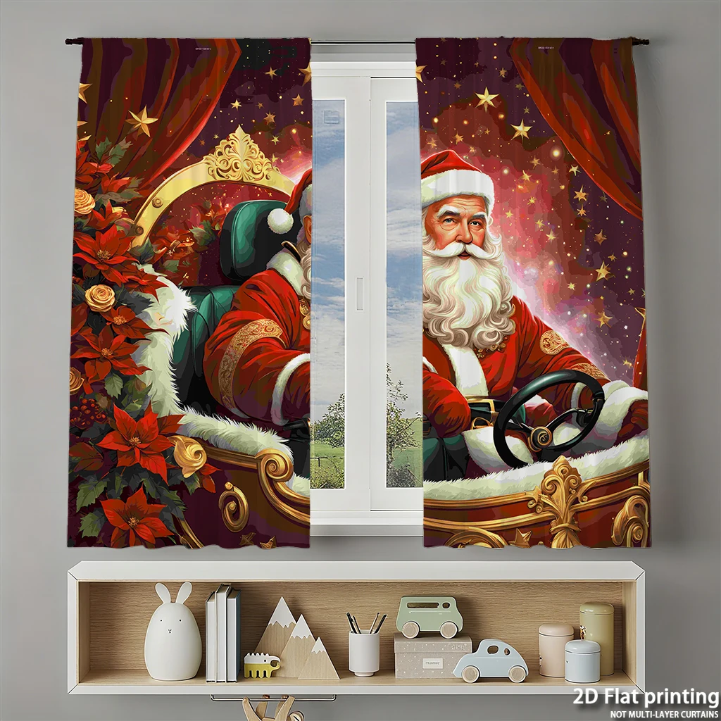 طقم مكون من قطعتين من ستائر مطبوعة رقمية عالية الوضوح لعيد الميلاد سانتا كلوز من الذهب الأحمر على شكل زهور احتفالية لتزيين المنزل