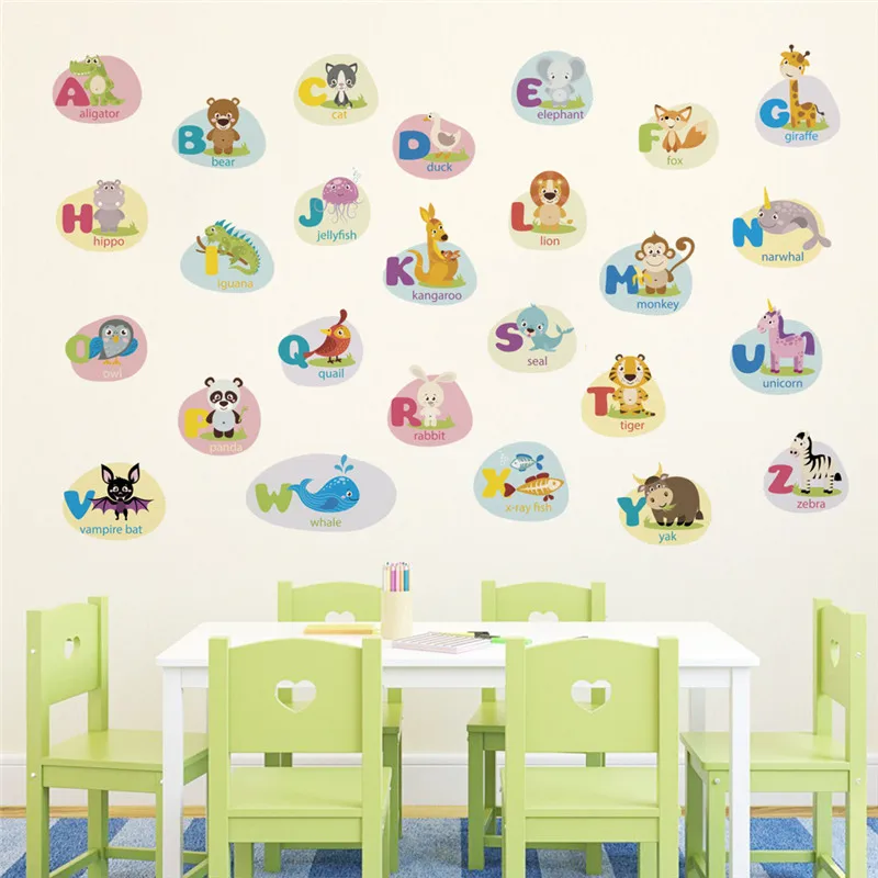 Cartoon Animals English Alphabet Wall Stickers For Kindergarten Kis Room Home Decoration Nursey Decals Diy Safari Mural Art