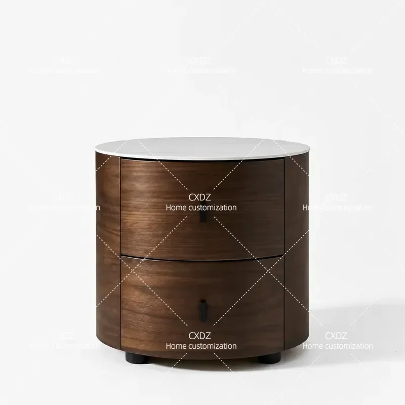 Minimalist Solid Wood Bedside Table Walnut Color Rock Slab Storage Cabinet Round High End Locker