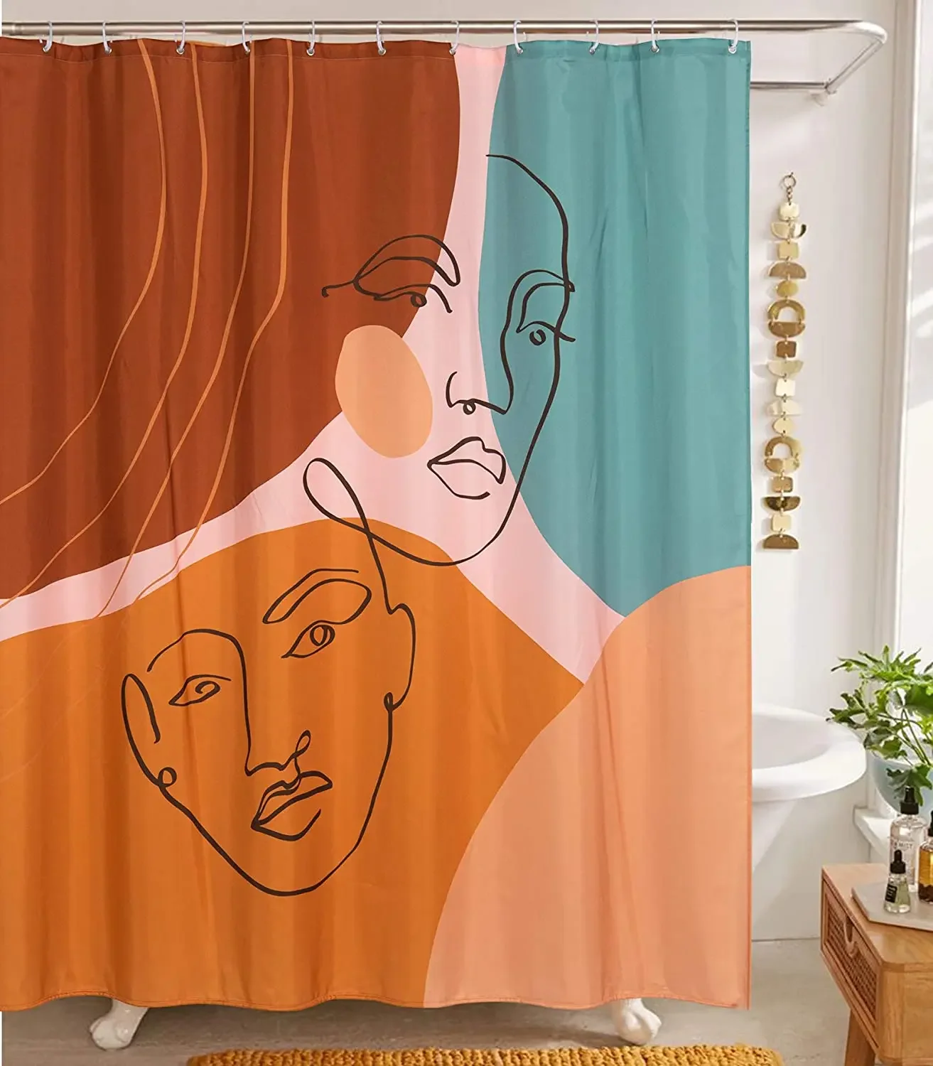 Aesthetic Terracotta Fabric Shower Curtain Sets Minimalist Abstract Modern Shapes Line Art Human Faces Vintage Cute Scandinavian