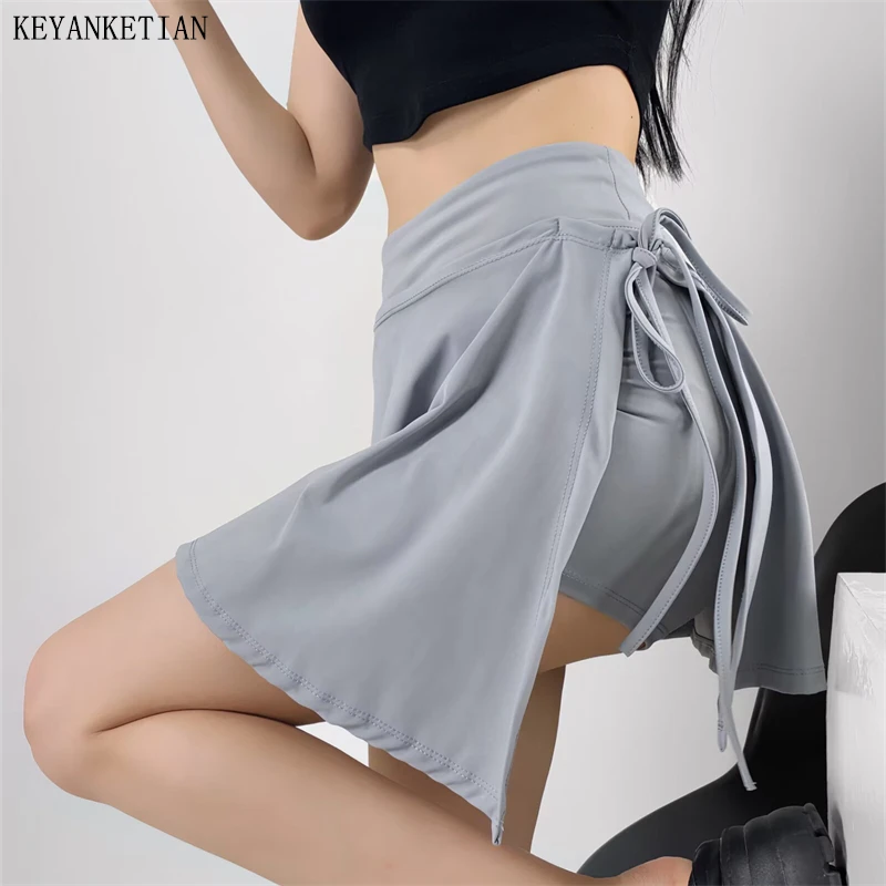 KEYANKETIAN Summer New Women's Lace Up High Waist Side Slit Mini Skirt Sport style Solid color Asymmetrical A Line Pantskirt