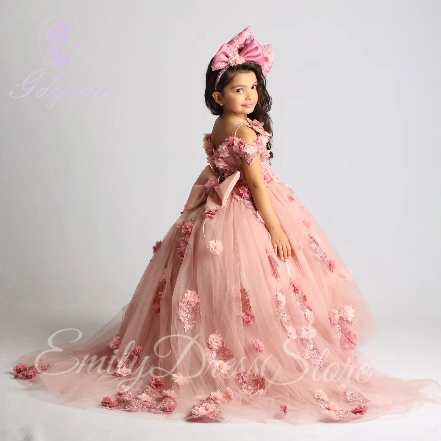 Customized Pink Flower Girl Dress For Wedding Tulle Lace Ruffles Elegant Applique Puffy Kids Birthday First Communion Gown