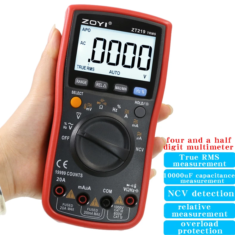

ZOYI Auto-Range Multimeter ZT219 High-Precision 4.5-Digit True RMS Digital Multimeter with Overload Protection, 19999 Counts