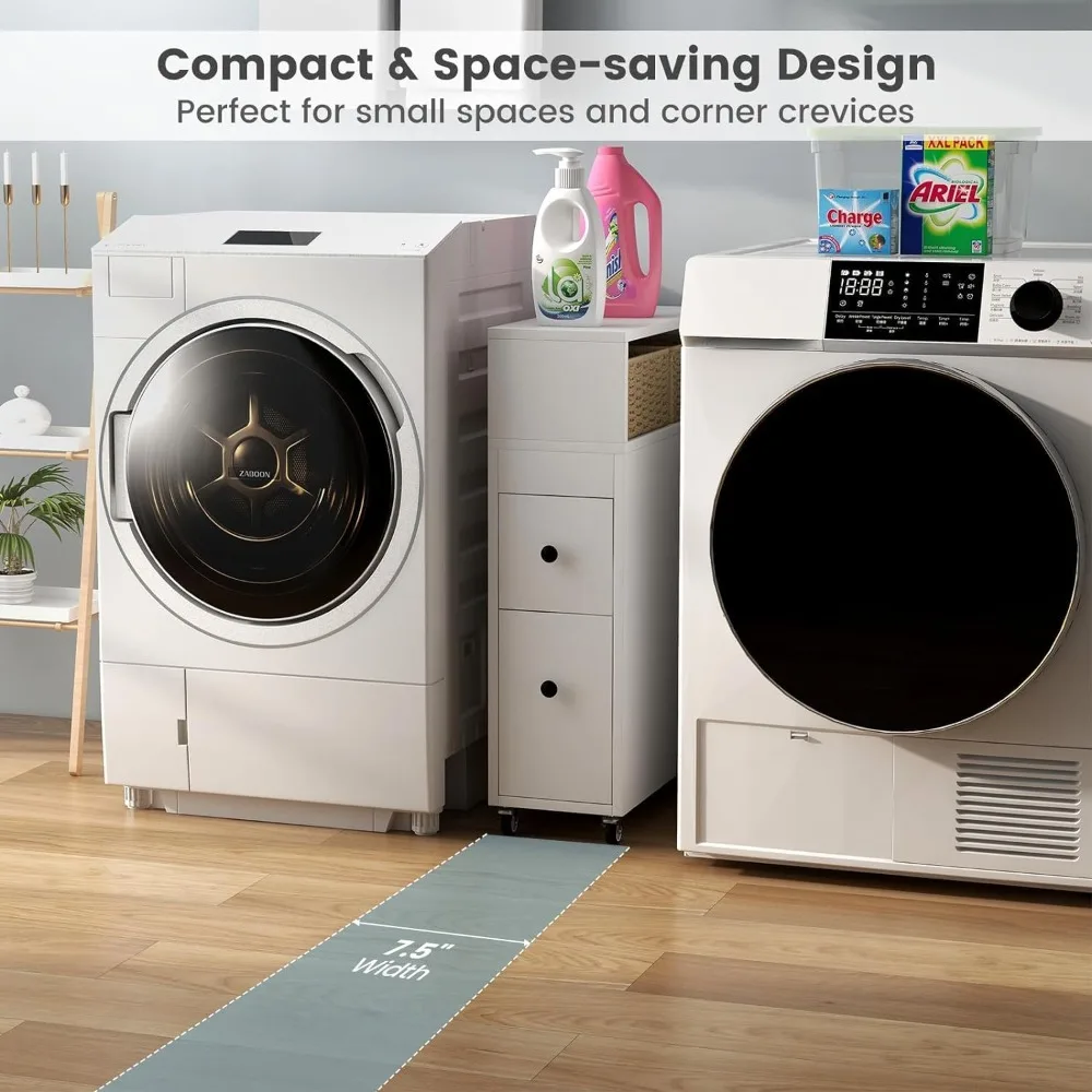 خزانة تخزين الحمام الضيقة المتدحرجة مع درجين وسلتين لمنظم جانبي