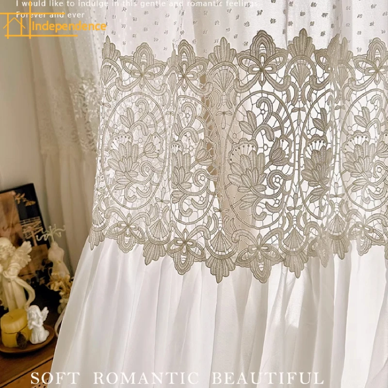 French White Lace Splicing Chiffon Screen Curtains for Living Room Partition Bedroom Balcony French Window Customized Tulle