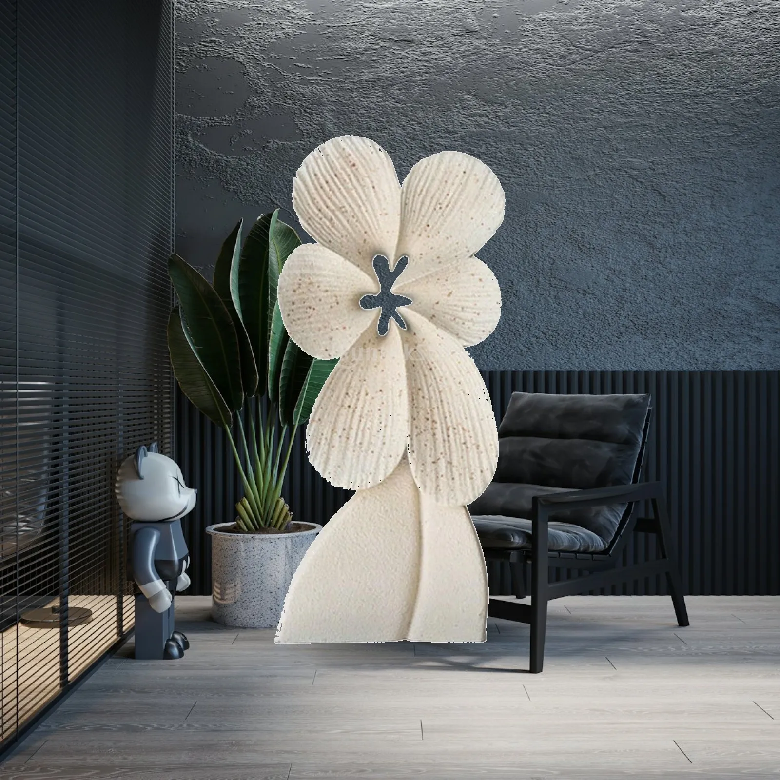 Abstract Flower Floor Sculpture Decorative Statue for Living Room Console Table Modern Interior Art Piece Speckled Beige Finish