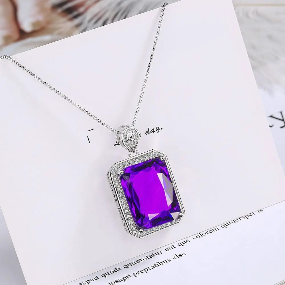 

Emerald Cut Natural Amethyst 925 Sterling Silver Geometric Rectangle Pendant Necklace for Women Purple Gemstone Jewelry Choker