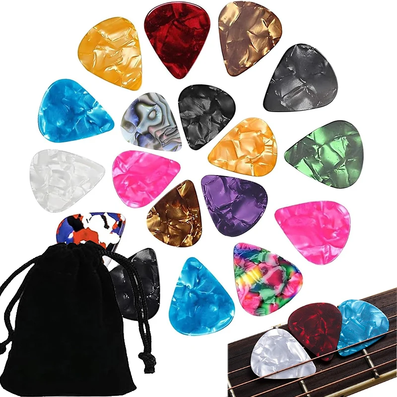 6/12/30/50Pcs 0.46mm Celluloid Guitar Picks – Includes Black Velvet 7x9cm Pouch, Colorful for Acoustic, Electric & Bass TMZ
