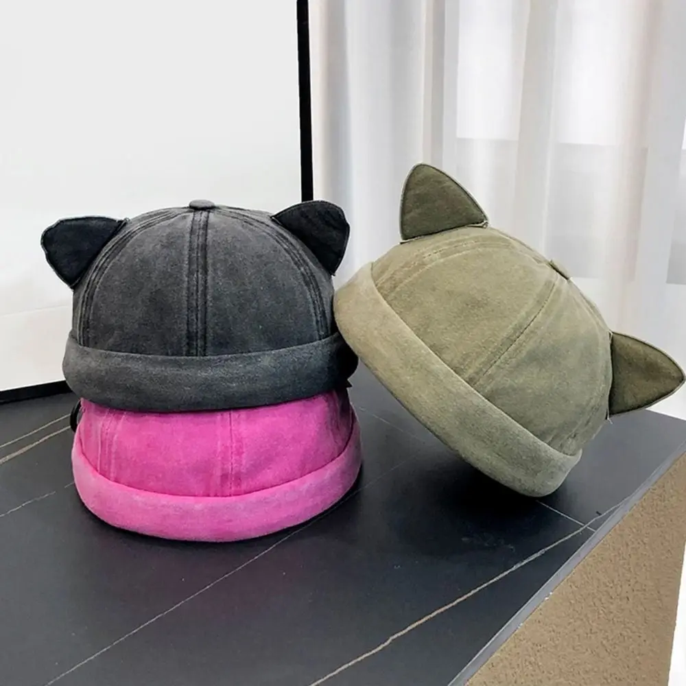 Simple Cute Cat Ears Brimless Hat Sweet Adjustable Bucket Cap Without Brim Washed Old Basin Hat Outdoor