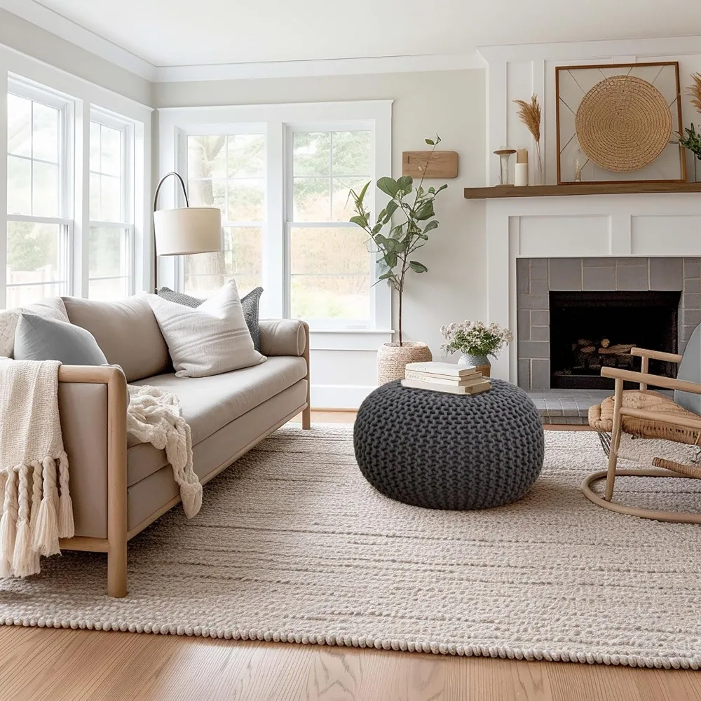 Round Pouf - Hand Knitted Cotton Braid Cord Cable Dori Ottoman - Foot Stool - Floor Pouf Footrest Accent Seat Furni